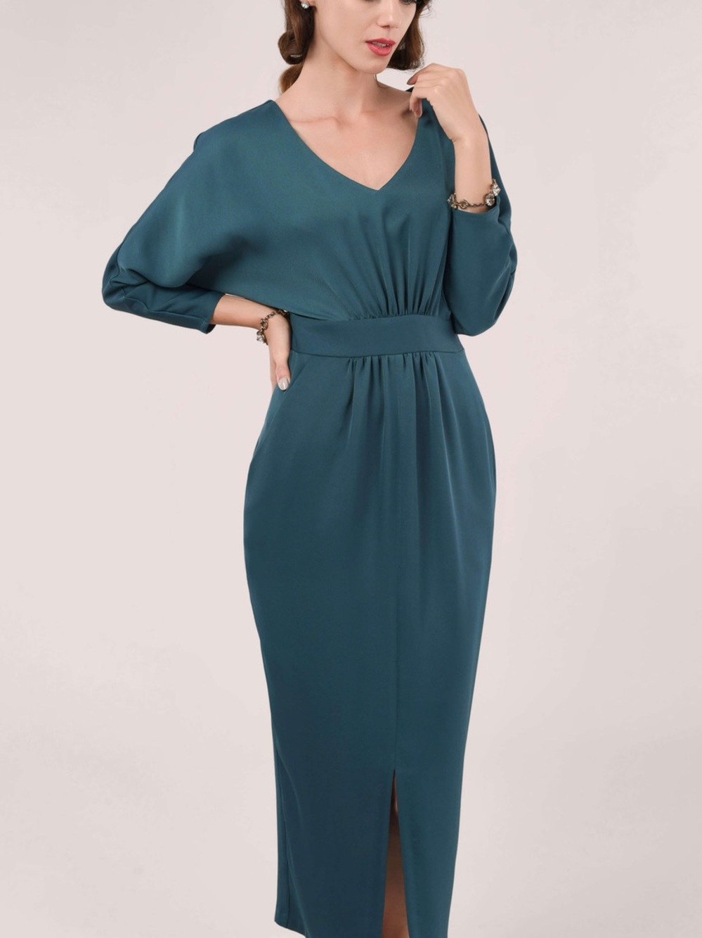 Women’s Teal V-Neck Midi Dress with Defined Waistband
